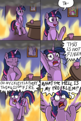 Size: 1280x1920 | Tagged: safe, artist:mkogwheel, starlight glimmer, sunset shimmer, twilight sparkle, alicorn, pony, g4, comic, cup, dialogue, drama, drawthread, fire, gunshow, meme, on fire, parody, picture frame, shrunken pupils, sitting, spread wings, starlight drama, subversion, subverted meme, table, table flip, this is fine, twilight sparkle (alicorn), wide eyes, wings, yelling