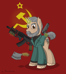 Size: 1250x1400 | Tagged: safe, artist:ponyarchuk, pony, unicorn, beard, boris the blade, clothes, facial hair, gun, hammer and sickle, male, movie, snatch (movie), solo, soviet, weapon