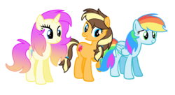 Size: 1192x648 | Tagged: dead source, safe, artist:rainbows-skies, oc, oc only, oc:apple flower, oc:crystal pearl, oc:speed dash, earth pony, pegasus, pony, female, mare, offspring, parent:applejack, parent:caramel, parent:rainbow dash, parent:rarity, parent:soarin', parent:trenderhoof, parents:carajack, parents:soarindash, parents:trenderity, simple background, transparent background