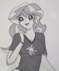 Size: 541x656 | Tagged: safe, artist:zalla661, sunset shimmer, equestria girls, g4, clothes, female, implied suntrix, partial color, shirt, solo, starry eyes, traditional art, wingding eyes