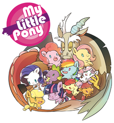 Size: 600x647 | Tagged: safe, artist:a-nup, apple bloom, applejack, discord, fluttershy, pinkie pie, rainbow dash, rarity, scootaloo, spike, sweetie belle, twilight sparkle, alicorn, draconequus, dragon, earth pony, pegasus, pony, unicorn, g4, chibi, cowboy hat, cutie mark crusaders, eyes closed, female, filly, hat, male, mane seven, mane six, mare, simple background, title drop, white background