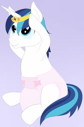 Size: 1117x1677 | Tagged: safe, artist:nitei, shining armor, g4, cute, diaper, jewelry, male, non-baby in diaper, pink, poofy diaper, sissy, solo, tiara