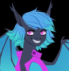 Size: 1750x1795 | Tagged: safe, artist:weird--fish, oc, oc only, oc:moondrive, bat pony, pony, bat pony oc, black background, bust, clothes, derpfest, fangs, female, grin, mare, portrait, simple background, slit pupils, smiling, solo