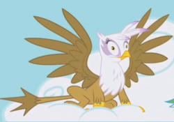 Size: 386x270 | Tagged: safe, screencap, gilda, rainbow dash, griffon, g4, griffon the brush off, cloud, cropped, faic, female, majestic, majestic as fuck, shocked, solo, spread wings, wings