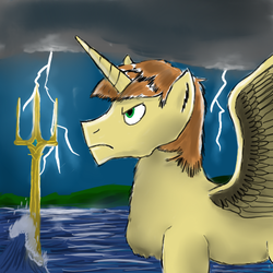 Size: 500x500 | Tagged: safe, artist:horsesplease, feather bangs, alicorn, pony, g4, alicornified, angry, fethrocorn, lightning, male, ocean, paint tool sai, race swap, solo, spread wings, storm, trident, wave, wings