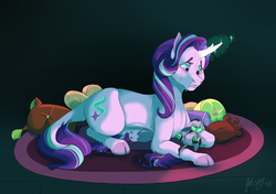 Size: 887x626 | Tagged: safe, artist:qatsby, starlight glimmer, oc, oc:piper, classical unicorn, hybrid, minotaur, pony, unicorn, g4, cloven hooves, crying, cushion, duo, glowing horn, horn, interspecies offspring, leonine tail, offspring, parent:lord tirek, parent:starlight glimmer, parents:starek, prone, rug, sad, story in the source, underhoof, unshorn fetlocks