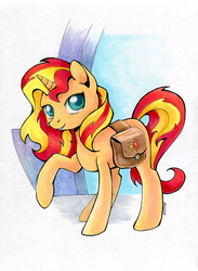 Size: 650x886 | Tagged: safe, artist:maytee, sunset shimmer, pony, unicorn, g4, copic, cute, female, looking at you, mare, raised hoof, saddle bag, shimmerbetes, solo, traditional art