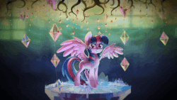 Size: 800x450 | Tagged: safe, artist:dawnfire, artist:imiokun, twilight sparkle, alicorn, pony, g4, 16:9, animated, chandelier, colored pupils, cutie map, depth of field, female, golden oaks chandelier, looking at you, mare, solo, spread wings, tree of memories, twilight sparkle (alicorn), twilight's castle, wings