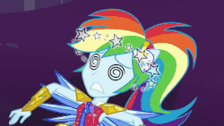Size: 800x450 | Tagged: safe, screencap, rainbow dash, equestria girls, g4, my little pony equestria girls: better together, super squad goals, animated, circling stars, crystal guardian, crystal wings, dazed, dizzy, female, geode of super speed, gif, magical geodes, ponied up, swirly eyes