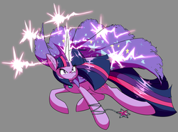 Size: 2022x1501 | Tagged: source needed, safe, artist:reiduran, twilight sparkle, pony, g4, cape, clothes, colored, ear fluff, epic, female, glowing horn, gray background, horn, long tail, magic, mare, serious, serious face, simple background, solo, trixie's cape