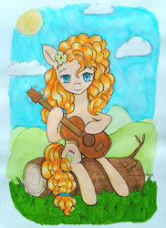 Size: 670x920 | Tagged: safe, artist:chmurkaburzowa, pear butter, earth pony, pony, g4, female, flower, flower in hair, guitar, hoof hold, log, looking at you, sitting, smiling, solo, traditional art