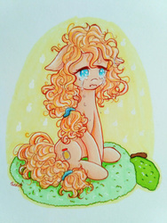 Size: 3120x4160 | Tagged: safe, artist:chmurkaburzowa, pear butter, earth pony, pony, g4, crying, female, floppy ears, sad, sitting, solo, teary eyes, traditional art, wavy mouth