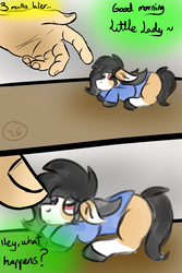 Size: 1000x1500 | Tagged: safe, artist:euspuche, oc, oc only, oc:anon, oc:liliya krasnyy, comic:li'l pony, comic, finger, hand, looking at each other, micro, sad, size difference