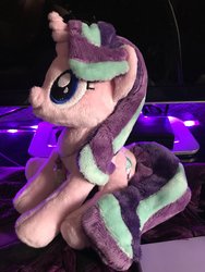 Size: 900x1200 | Tagged: artist needed, safe, starlight glimmer, pony, unicorn, g4, bottle, irl, jewelry, pendant, photo, plushie, sitting, smiling, solo