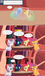 Size: 1280x2168 | Tagged: safe, artist:hakunohamikage, apple bloom, scootaloo, sunset shimmer, sweetie belle, trixie, oc, oc:nyx, alicorn, pony, ask-princesssparkle, g4, ask, cutie mark crusaders, female, filly, golden oaks library, lesbian, magic, pointy ponies, ship:suntrix, shipping, toy, tumblr