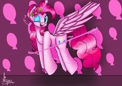 Size: 1600x1120 | Tagged: safe, artist:aiyanmanno, pinkie pie, alicorn, pony, g4, alicornified, female, flower, flower in hair, magic, one eye closed, pinkiecorn, race swap, royalty, solo, wink, xk-class end-of-the-world scenario