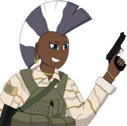 Size: 1736x1713 | Tagged: safe, artist:totallynotabronyfim, zecora, human, g4, bracelet, camouflage, clothes, ear piercing, earring, flag of equestria, gun, handgun, humanized, jewelry, m4, m9, mohawk, patch, piercing, pistol, rifle, simple background, transparent background, trigger discipline, vest, weapon