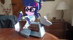 Size: 1024x575 | Tagged: safe, artist:jamesawilliams1996, sci-twi, twilight sparkle, equestria girls, g4, clothes, doctor who, equestria girls in real life, glasses, goggles, irl, k-9, lab coat, photo, repairing, sparks