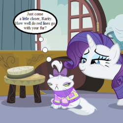 Size: 450x450 | Tagged: safe, edit, edited screencap, editor:korora, screencap, opalescence, rarity, g4, sisterhooves social, angry, carousel boutique, clothes, cropped, laundry, opalescence is not amused, sweater, this will end in pain, thought bubble, unamused