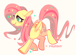Size: 842x608 | Tagged: safe, artist:fawnshy, fluttershy, pegasus, pony, g4, female, floppy ears, looking away, simple background, smiling, solo, walking, wings