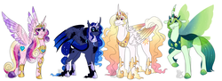 Size: 2600x950 | Tagged: safe, artist:arexstar, princess cadance, princess celestia, princess luna, queen chrysalis, alicorn, bat pony, changedling, changeling, changeling queen, crystal alicorn, crystal pony, pony, g4, alternate hairstyle, ethereal mane, female, floppy ears, hybrid wings, jewelry, lidded eyes, looking at you, lunabat, mare, necklace, open mouth, purified chrysalis, race swap, raised hoof, redesign, regalia, simple background, smiling, spread wings, starry mane, starry wings, unshorn fetlocks, white background, wings