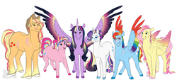 Size: 1700x768 | Tagged: safe, artist:arexstar, applejack, fluttershy, pinkie pie, rainbow dash, rarity, twilight sparkle, alicorn, pony, g4, alternate hairstyle, applejack's hat, cloven hooves, colored hooves, colored wings, colored wingtips, cowboy hat, diverse body types, hair bun, hat, headcanon, mane six, multicolored wings, older, rainbow wings, redesign, scar, simple background, starry wings, twilight sparkle (alicorn), unshorn fetlocks, white background