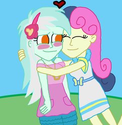 Size: 880x907 | Tagged: safe, artist:ktd1993, bon bon, lyra heartstrings, sweetie drops, equestria girls, g4, blushing, female, hug, lesbian, ship:lyrabon, shipping