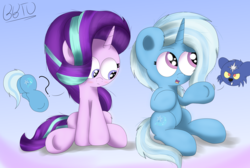 Size: 3969x2660 | Tagged: safe, artist:bronybehindthedoor, starlight glimmer, trixie, pony, unicorn, ursa minor, g4, :c, blushing, butt, cute, ear fluff, eyes on the prize, female, frown, gradient background, high res, leg fluff, lesbian, looking up, mare, open mouth, pictogram, plot, question mark, raised eyebrow, ship:startrix, shipping, sitting, smiling, underhoof, wide eyes