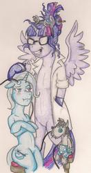 Size: 1003x1900 | Tagged: safe, artist:thegloriesbigj, sci-twi, smarty pants, trixie, twilight sparkle, alicorn, pony, semi-anthro, g4, clothes, equestria girls ponified, female, lab coat, lesbian, mare, ponified, sci-twilicorn, ship:sci-twixie, ship:twixie, shipping, traditional art, twilight sparkle (alicorn)