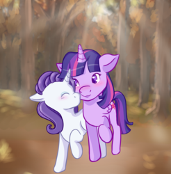 Size: 1024x1040 | Tagged: safe, artist:katty-wompus, rarity, twilight sparkle, alicorn, pony, g4, crepuscular rays, female, forest, lesbian, ship:rarilight, shipping, twilight sparkle (alicorn)