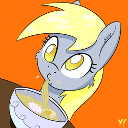 Size: 1000x1000 | Tagged: safe, artist:yakoshi, derpy hooves, pegasus, pony, g4, cute, eating, female, food, mare, no pupils, noodles, ramen, slurp, solo