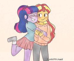 Size: 3663x3000 | Tagged: safe, artist:sunsetslight, sci-twi, sunset shimmer, twilight sparkle, equestria girls, g4, alternate clothes, blushing, cute, duo, eyes closed, female, high res, hug, lesbian, shimmerbetes, ship:sci-twishimmer, ship:sunsetsparkle, shipping, simple background, smiling, twiabetes