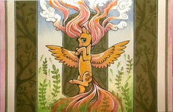 Size: 800x519 | Tagged: safe, artist:dany-the-hell-fox, fluttershy, pegasus, pony, g4, female, hooves to the chest, looking at you, looking sideways, mare, smiling, solo, spread out hair, spread wings, traditional art, windswept mane, wings