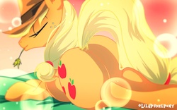 Size: 1300x812 | Tagged: safe, artist:lilapudelpony, applejack, earth pony, pony, g4, applebutt, bed, butt, eyes closed, featureless crotch, female, freckles, hat, mare, plot, prone, solo, wallpaper