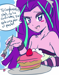 Size: 900x1139 | Tagged: safe, artist:danmakuman, aria blaze, human, equestria girls, g4, blushing, cake, female, food, fork, frosting, looking at you, solo, spanish, strawberry, translated in the comments, tsundaria