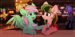 Size: 2400x1181 | Tagged: safe, artist:trickate, oc, oc only, pony, alcohol, bar, chromatic aberration, female, mare, smiling