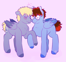 Size: 1200x1128 | Tagged: safe, artist:soft-arthropod, oc, oc only, oc:dreamcatcher, pegasus, pony, blank flank, blushing, chest fluff, disney xd, eyes closed, gay, male, nonbinary, nuzzling, oc x oc, ponified, rc9gn, shipping, smiling, stallion, tooth gap