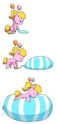 Size: 1206x2600 | Tagged: safe, artist:selphy6, oc, oc only, oc:lola balloon, air inflation, balloon, balloon riding, chibi, comic, cute, heart, hug, inflation, ocbetes, ponytail, pump, sequence, simple background, that pony sure does love balloons, white background