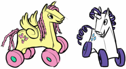 Size: 997x548 | Tagged: safe, artist:delistylehardcore, fluttershy, rarity, original species, wheelpone, g4, duo, inanimate tf, looking at something, rocking horse, simple background, smiling, toy, transformation, wat, wheel, white background