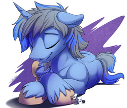 Size: 1200x1024 | Tagged: safe, artist:tsitra360, oc, oc only, oc:der, oc:northern moon, griffon, pony, unicorn, bucket, crossed hooves, duo, eyes closed, hooficure, lying down, male, micro, prone, simple background, smiling, stallion, white background