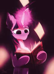 Size: 1024x1411 | Tagged: safe, artist:chebypattern, twilight sparkle, alicorn, pony, g4, book, dark background, female, glowing horn, horn, magic, pages, purple, reading, solo, spell, spellbook, telekinesis, twilight sparkle (alicorn)