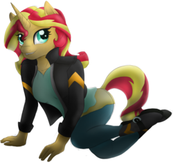 Size: 2219x2088 | Tagged: safe, artist:theshadowstone, derpibooru exclusive, sunset shimmer, unicorn, anthro, g4, all fours, colored sketch, digital art, female, high res, simple background, smiling, solo, transparent background