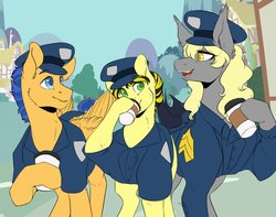 Size: 1006x794 | Tagged: safe, artist:yuyusunshine, flash sentry, oc, oc:bumblebee, oc:prowl, bat pony, earth pony, pegasus, pony, fanfic:ponyville noire, g4, coffee, police officer, sergeant, size difference