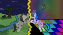 Size: 1024x576 | Tagged: safe, artist:exxticcy, dj pon-3, octavia melody, vinyl scratch, earth pony, pony, unicorn, g4, disco ball, female, fight, lesbian, mare, river, scenery, ship:scratchtavia, shipping, sunglasses, tree