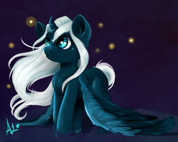 Size: 5000x4000 | Tagged: safe, artist:thefluffyvixen, princess luna, alicorn, pony, g4, absurd resolution, alternate design, chest fluff, curved horn, female, horn, looking up, mare, solo, spread wings, white-haired luna, wings, wings down