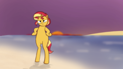 Size: 1024x576 | Tagged: safe, artist:exxticcy, sunset shimmer, pony, unicorn, g4, beach, bipedal, female, hooves on hips, mare, solo, sun, sunset