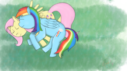 Size: 1024x576 | Tagged: safe, artist:exxticcy, fluttershy, rainbow dash, g4, female, legs in air, shading, ship:flutterdash, shipping, sleeping, sleeping together, sleepy, warm, watercolor painting