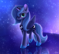 Size: 1300x1200 | Tagged: safe, artist:luminousdazzle, princess luna, alicorn, pony, g4, female, looking at you, mare, s1 luna, solo, stars, younger