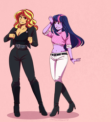 Size: 2700x2977 | Tagged: safe, artist:overlordneon, sunset shimmer, twilight sparkle, human, equestria girls, g4, belly button, belt, boots, breasts, cleavage, clothes, duo, female, high heel boots, high res, humanized, jacket, lesbian, midriff, pink background, ship:sunsetsparkle, shipping, shoes, simple background, smiling