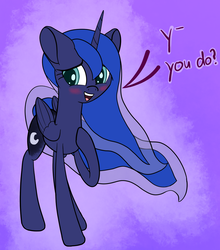 Size: 1100x1250 | Tagged: safe, artist:litrojia, princess luna, alicorn, pony, g4, abstract background, blushing, colored pupils, cute, dialogue, female, looking at you, lunabetes, mare, missing accessory, open mouth, shy, smiling, solo